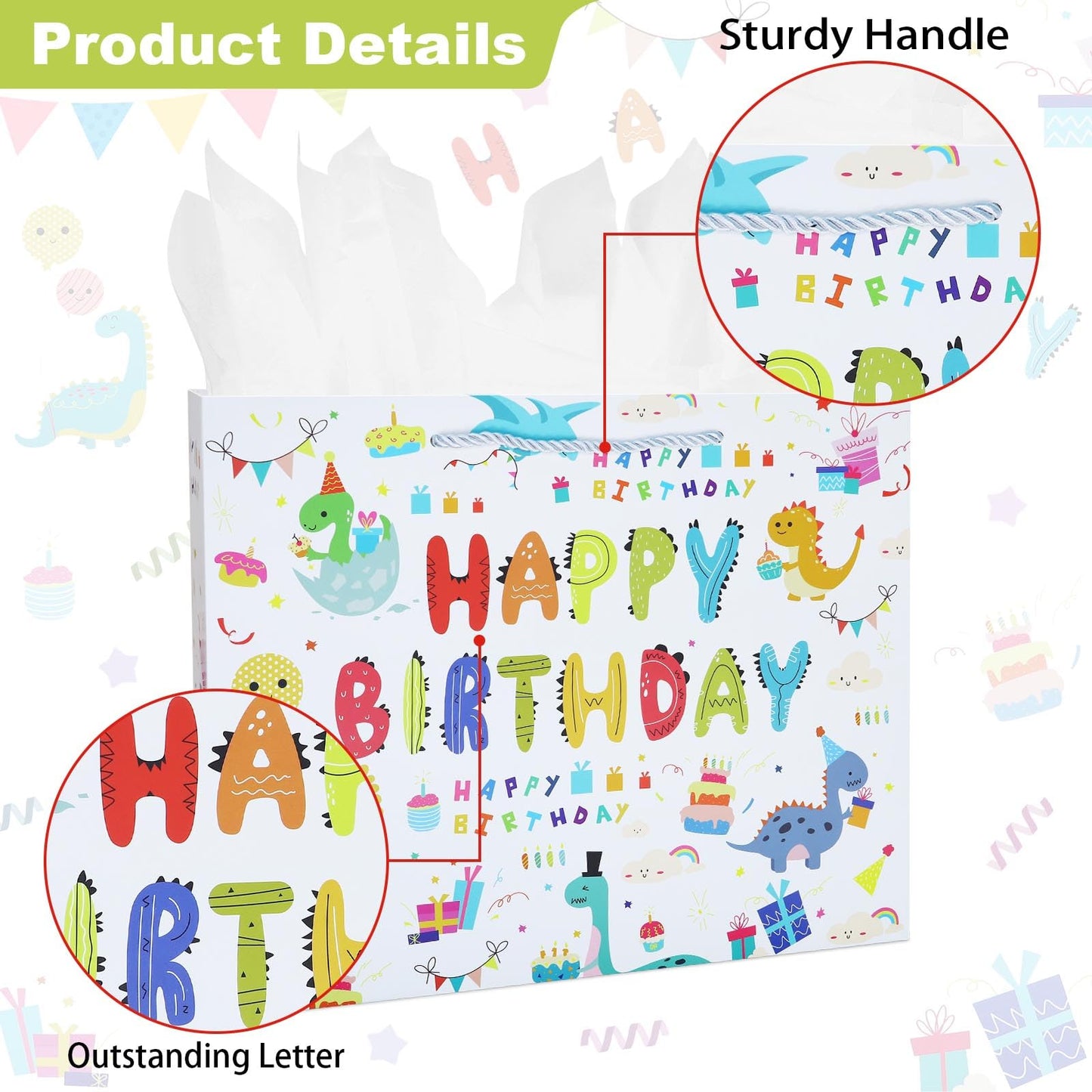 Oletx 13" Dinosaur Gift Bags with Handle,Happy Birthday Party Favor Wrapping Bags with Tissue Paper Greeting Card