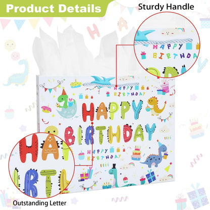 Oletx 13" Dinosaur Gift Bags with Handle,Happy Birthday Party Favor Wrapping Bags with Tissue Paper Greeting Card