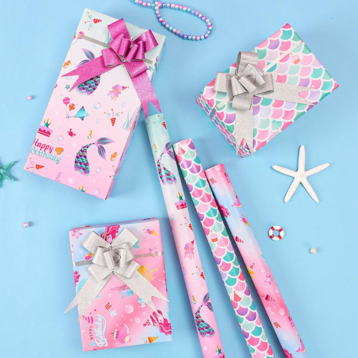 WERNNSAI Mermaid Wrapping Paper - 3 Rolls 17” x 120” Girls Birthday Wrapping Paper Rolls Mermaid Gift Wrap Paper Kids Pink Baby Shower Ocean Theme Party Gift Packing Supply with Cutting Lines