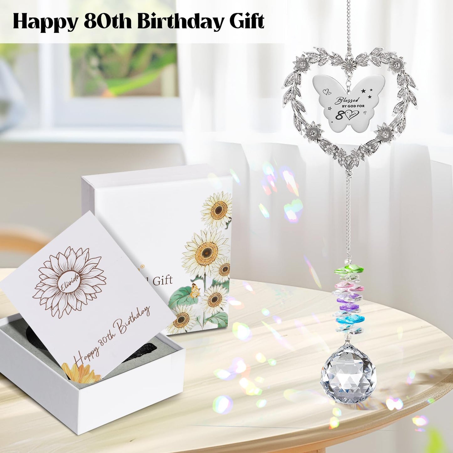 80th Birthday Gifts for Women, Happy 80th Birthday Suncatcher for Her, Thoughtful 80 Bday Crystal Ornament for Wife, Mom, Grandma, Sister, Aunt, Turning 80 Year Old Rainbow Marker