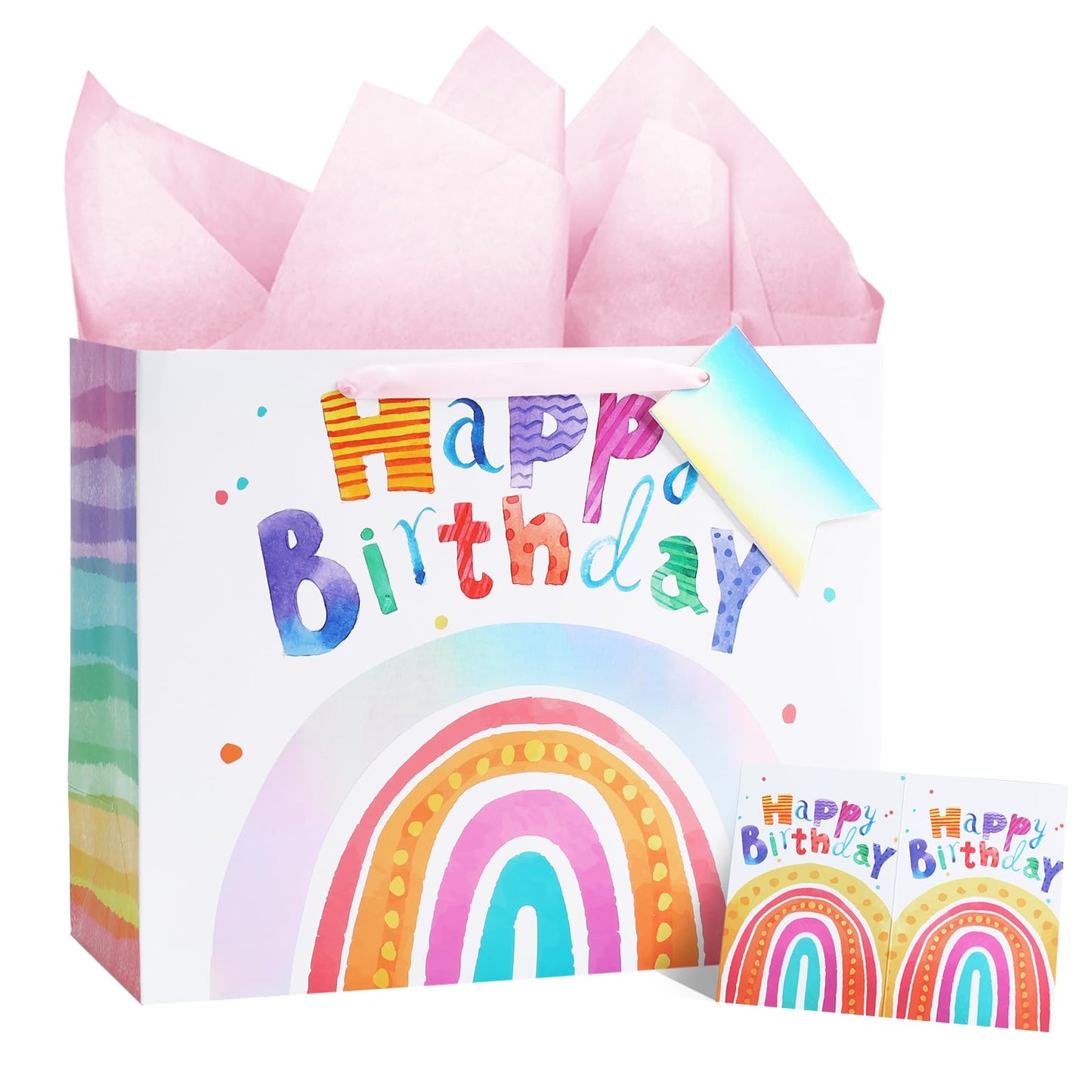 LaRibbons 13" Large Rainbow Birthday Gift Bag with Tissue Paper and Greeting Card, Pink with Holographic Design, Perfect for Girls and Kids Birthday