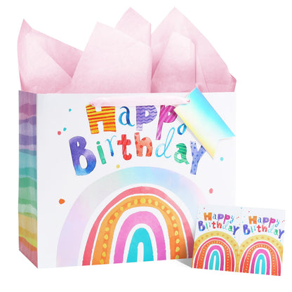 LaRibbons 13" Large Rainbow Birthday Gift Bag with Tissue Paper and Greeting Card, Pink with Holographic Design, Perfect for Girls and Kids Birthday