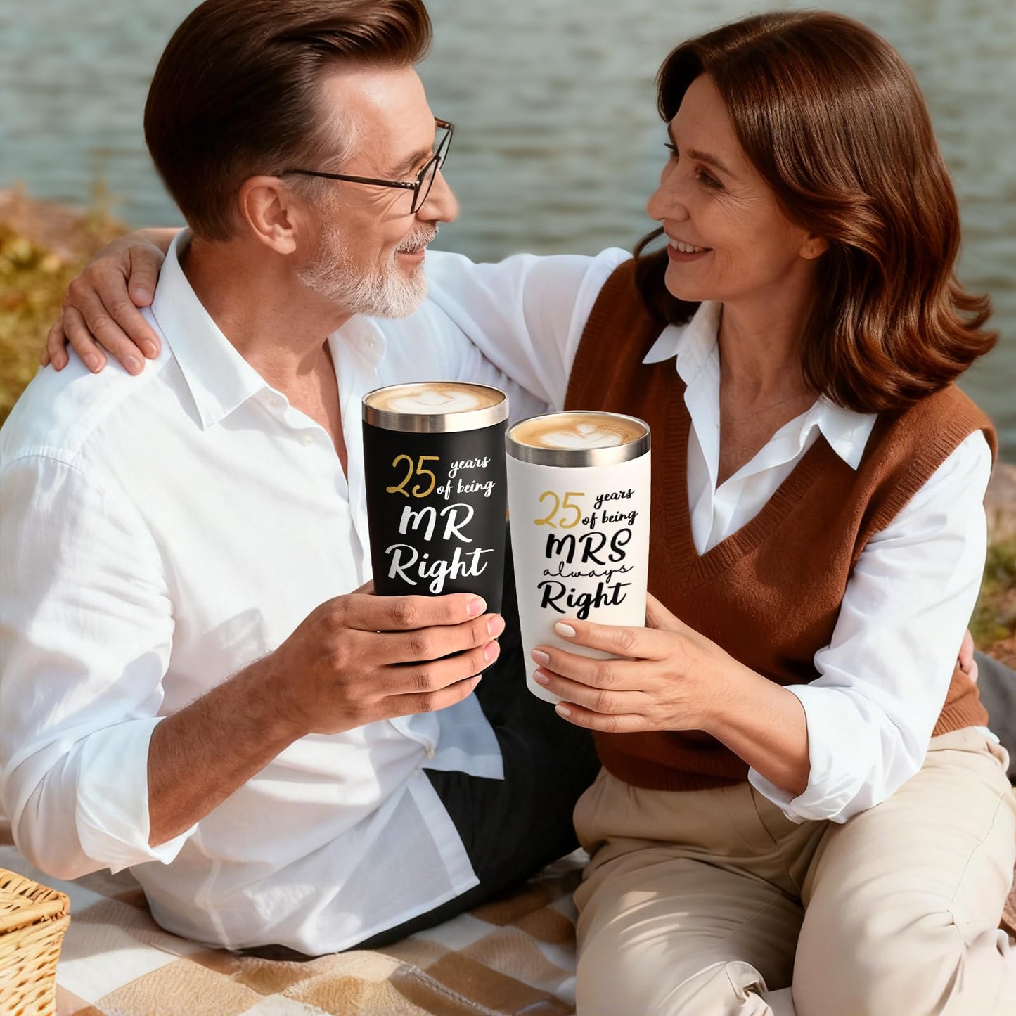 Lifecapido 25th Wedding Gifts, Couple Gifts for Parents Friends Hunsband Wife, 25th Mr Right & Mrs Always Right Tumbler Set with Lid & Straw(20oz, Black & White)
