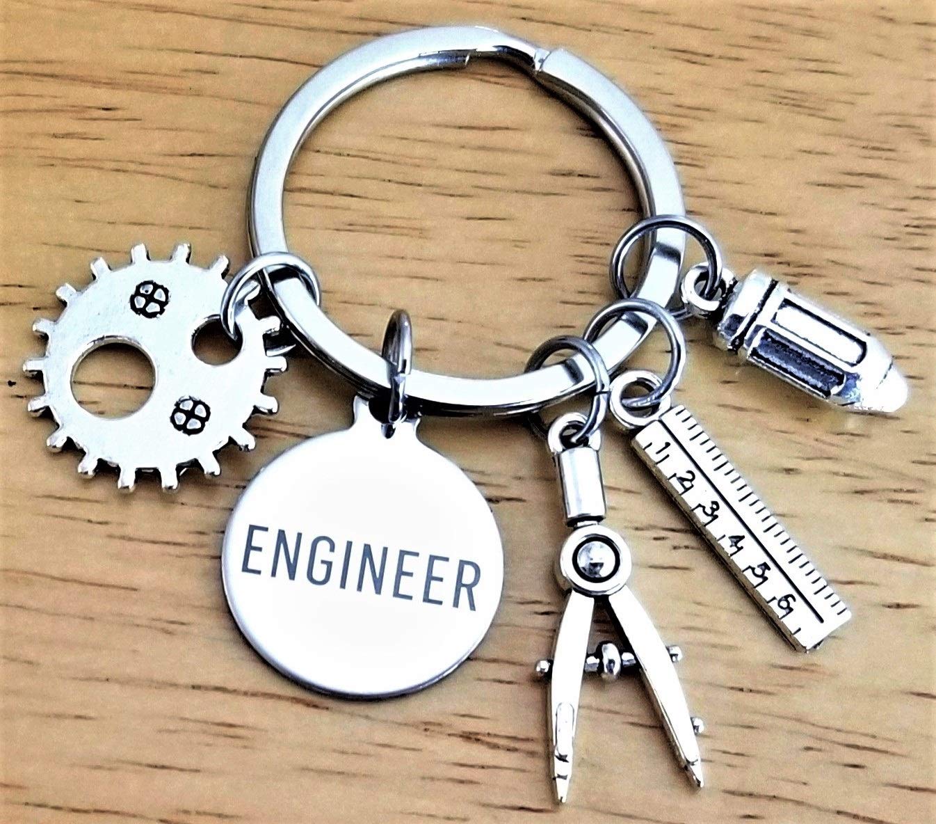 Kit's Kiss Engineer Keychain Mechanical Mathematics Structural Design Engineering Teacher Student Graduation Gift Gear Ruler Compass Pencil Charms Keyring