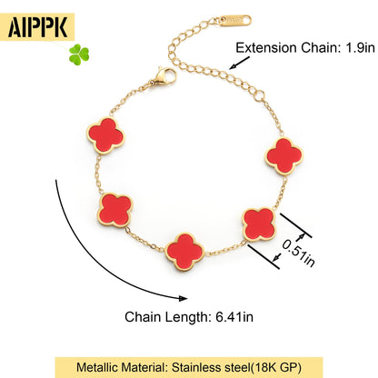 AIPPK 18K Gold Plated Clover Lucky Bracelet for Women White/Black/Red/Green Flower Four Leaf Link Bracelets Trendy Jewelry Gifts for Women