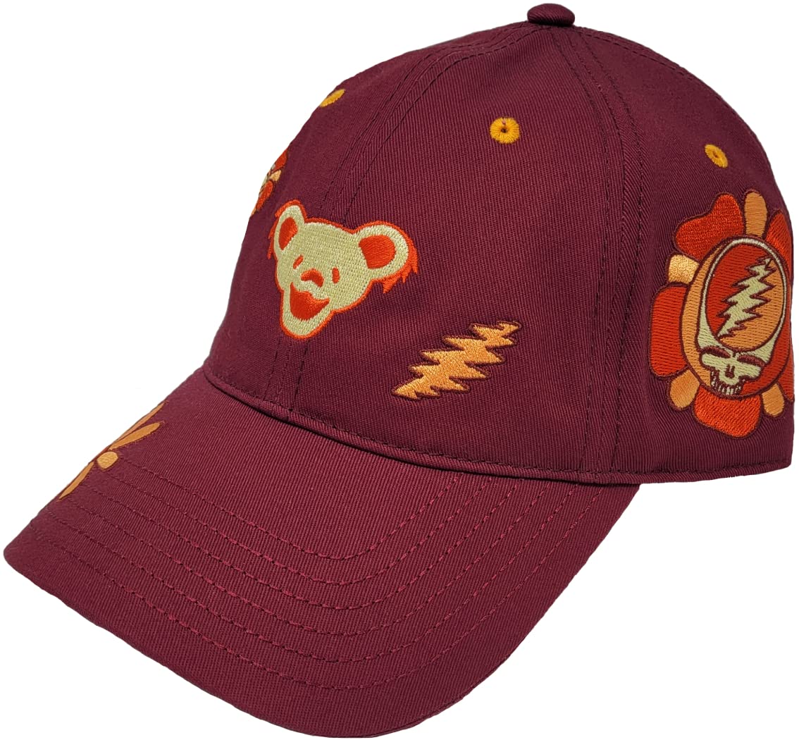 Grateful Dead Retro Floral Icons Embroidered Structured Adjustable Adult Unisex Vintage Maroon Dad Hat