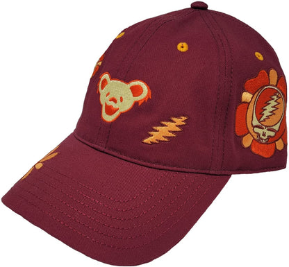 Grateful Dead Retro Floral Icons Embroidered Structured Adjustable Adult Unisex Vintage Maroon Dad Hat