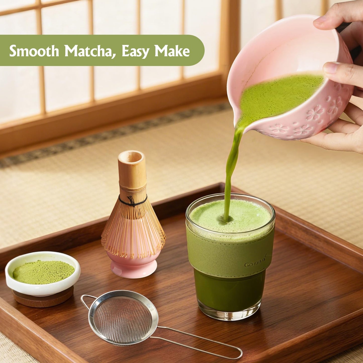 Matcha Whisk Tea Set Kit: Japanese Matcha Kit - Ceramic Bowl Bamboo Whisk Chasen Holder spoon Measuring Scoop Sifter - Traditional Practical for Tea Ceremony Breakfast Lattes - Home Kitchen Christmas