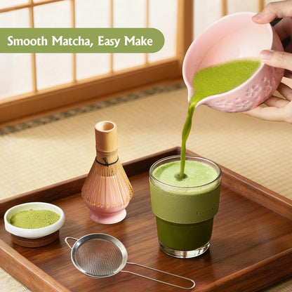 Matcha Whisk Tea Set Kit: Japanese Matcha Kit - Ceramic Bowl Bamboo Whisk Chasen Holder spoon Measuring Scoop Sifter - Traditional Practical for Tea Ceremony Breakfast Lattes - Home Kitchen Christmas