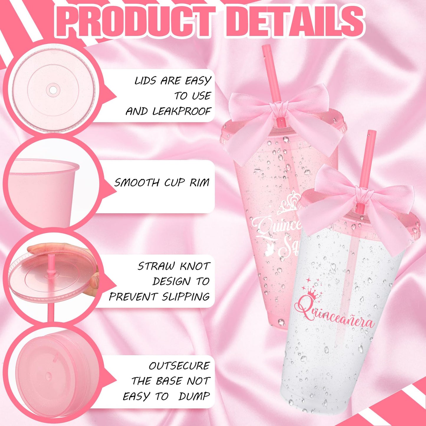 Jingmore 6 Pcs Quinceanera Party Favors for Guests 15th Quinceañera Squad Reusable Tumbler with Straw Lid Twist Bow 24 oz Spanish Gift 15 Birthday Party Thank You Gifts (Pink)
