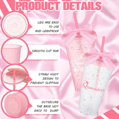 Jingmore 6 Pcs Quinceanera Party Favors for Guests 15th Quinceañera Squad Reusable Tumbler with Straw Lid Twist Bow 24 oz Spanish Gift 15 Birthday Party Thank You Gifts (Pink)