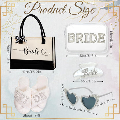 5Pcs Bridal Shower Gifts Set with Bride Bag Cosmetic Bag Sunglasses Slippers Hair Clip, Suitable for Bridal Shower, Weddings, Bachelorette Gifts for Bride, Bride Gift Set