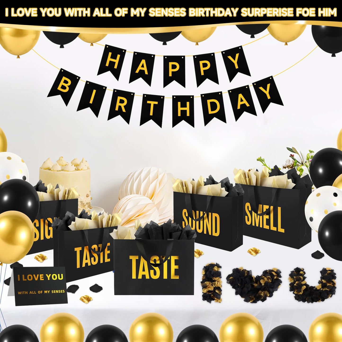 5 Senses Gift Bags For Him Her With Labels Tissue Paper and Handles, Comes With Birthday Decoration Rose Petals and Happy Birthday Banner Balloons for Valentine's Day (Black Gold, 12.6 x 8.7 x 4 inch)