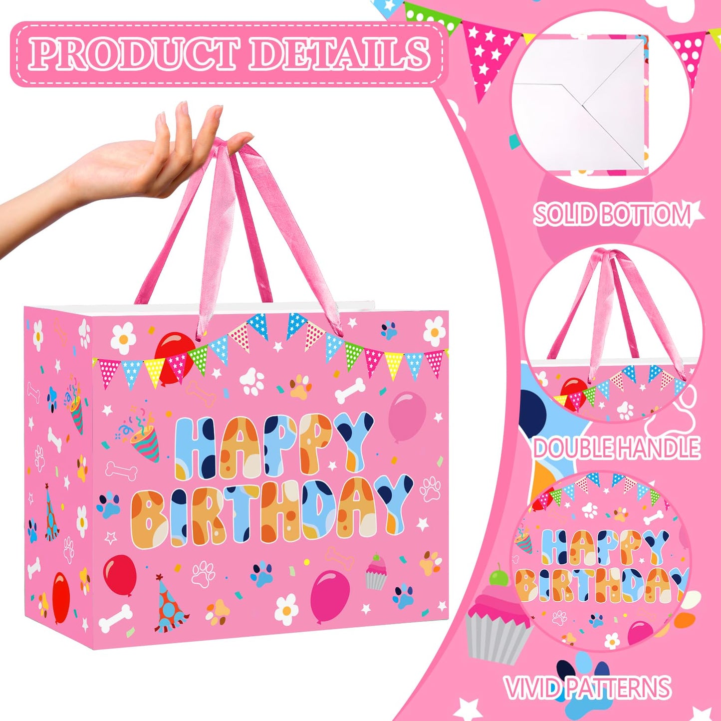 Cartoon Pink Dog Birthday Gift Bag with Wrapping Paper and Greeting Card Cute Hot Pink Dog Gift Wrap Paper Bags Large Cartoon Birthday Party Favor Bags Decorations for Girls Boys Party Supplies