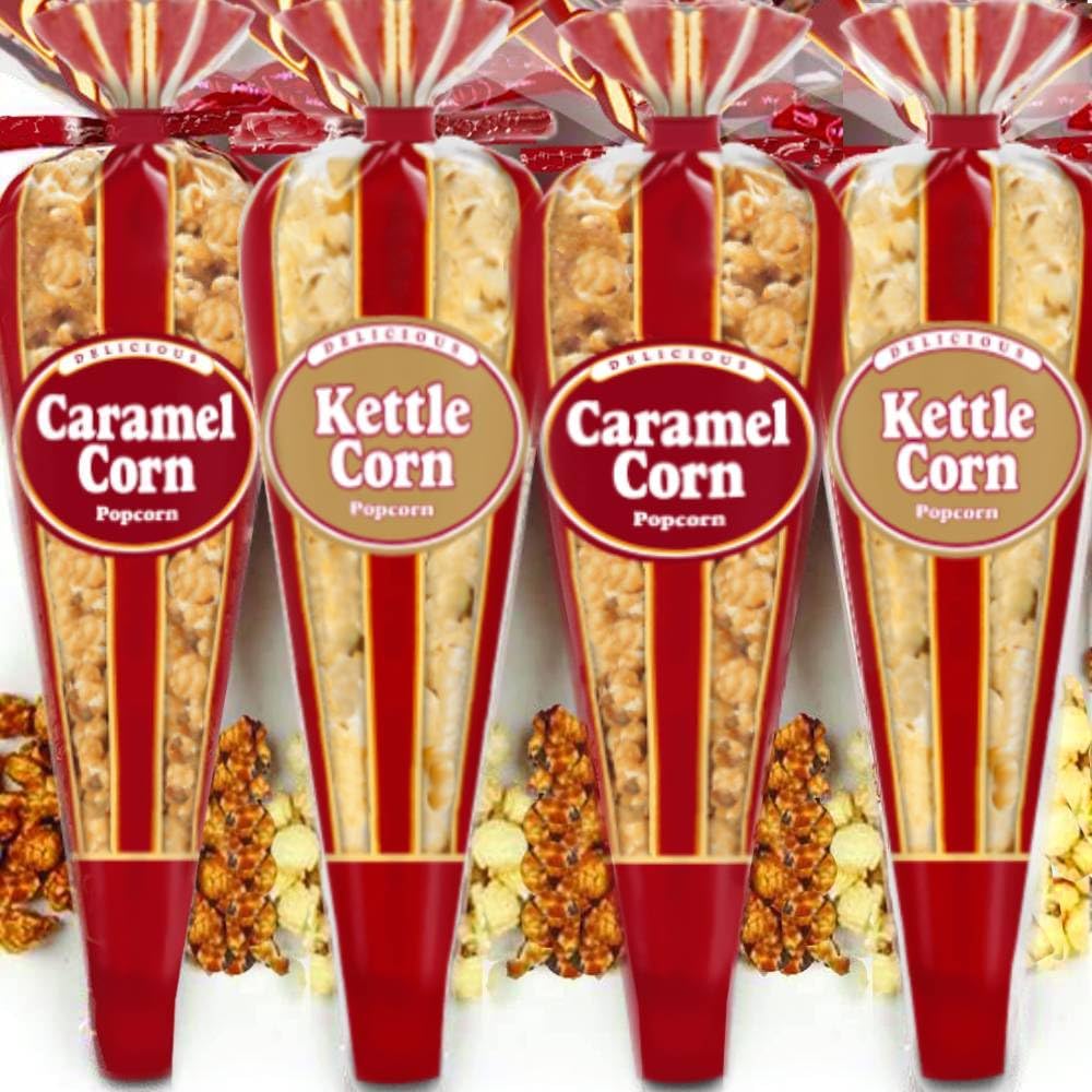 Gourmet Popcorn – Premium Pack of 4 Popcorn Mini Cones & Exclusive Inspirational Sticker! Small Storage Space Friendly & Great Stocking Stuffers!
