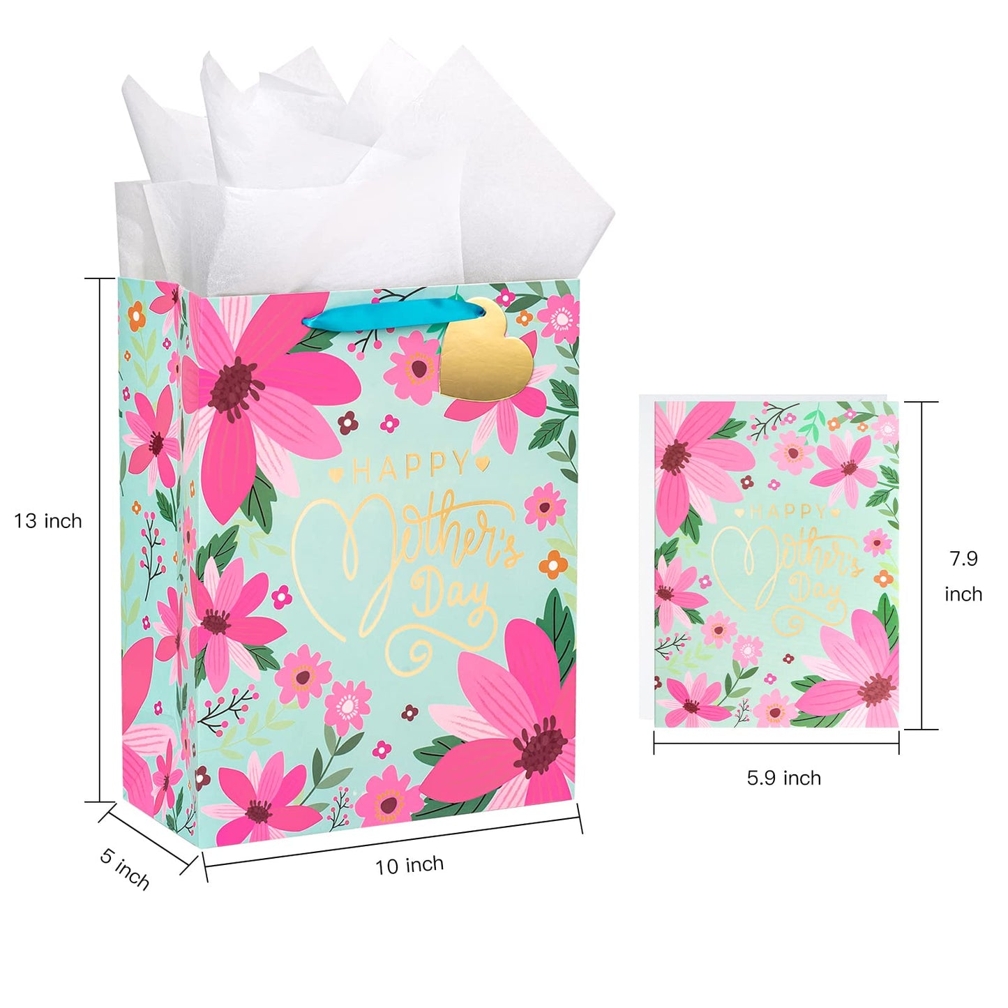 WRAPAHOLIC 13" Large Mother's Day Gift Bag with Card and Tissue Paper - Floral & Gold Foil Happy Mother's Day Lettering