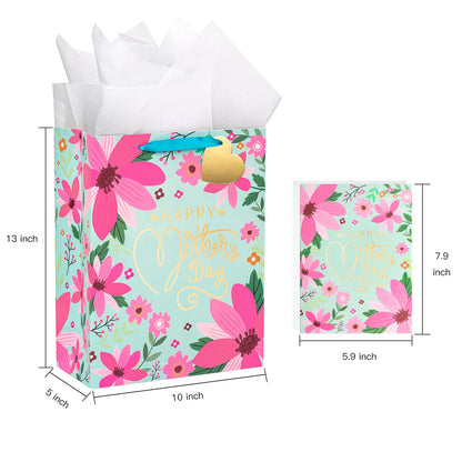 WRAPAHOLIC 13" Large Mother's Day Gift Bag with Card and Tissue Paper - Floral & Gold Foil Happy Mother's Day Lettering