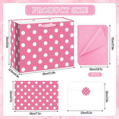 Allparty 11.8" Pink Polka Dot Gift Bag Set - Cartoon Mouse Design with Wrapping Paper, Card, Envelope & Stickers - Girls Birthday Baby Shower Party Favor Supplies