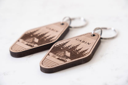 (2 Pack) Cabin Keychain – Double-Sided Laser Engraved – Real Wood – Rustic Cabin Gift