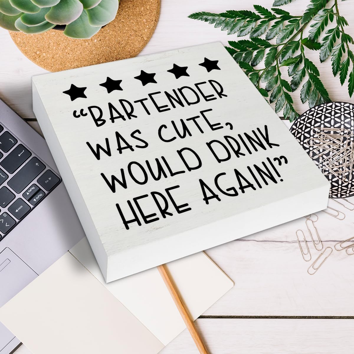 Funny Bartender Gifts for Women Men, Would Drink Here Again Sign, Bar Cart Decor, Bartender Was Cute Would Drink Here Again Wood Sign Decoration for Home Kitchen Bar Desk Shelf Table 5 X 5 Inch