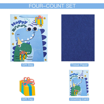 Loveinside Dinosaur Birthday Gift Bag Set, Medium Bag with Tissue Paper, Greeting Card and Tag, Blue Birthday Dinosaur Design, 10" x 5" x 13", 1 Pcs
