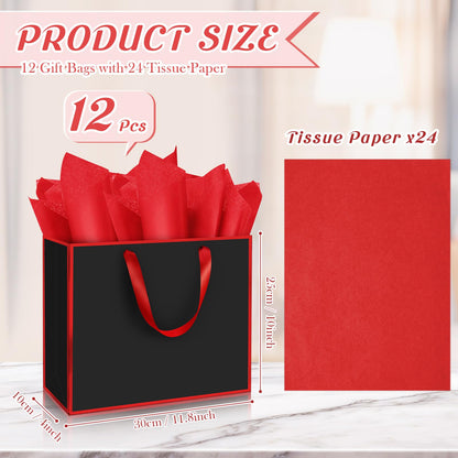 ReliThick 12 Pack Metallic Paper Gift Bag with Handles and Tissue Paper 11.8 x 10 x 4'' Thank You Favor Bag for Graduation Mother's Day Wedding Bridesmaid Groomsman 5 Senses Gifts (Black,Red)