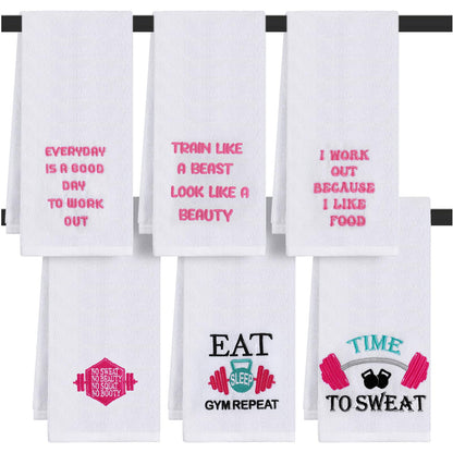 Hahafelt 6 Pcs Funny Novelty Fitness Gym Embroidered Towels with Quotes Pink Cotton Fitness Sweat Towels Personal Trainer Workout Gifts for Women Yoga Bodybuilding Lovers Gift