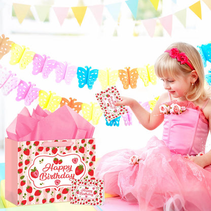 Hooqict Large Strawberry Birthday Gift Bag Pink Happy Birthday Gift Wrapping Bag with Handles, Tissue Paper, Greeting Card for Girls Kids Women Sweet Strawberry Party Decorations Supplies