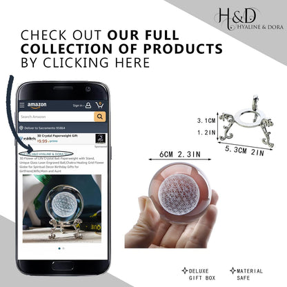 H&D HYALINE & DORA 3D Laser Engraved Flower of Life Crystal Ball Paperweight with Stand,Chakra Healing Grid Flower Globe for Spiritual Decor Gift
