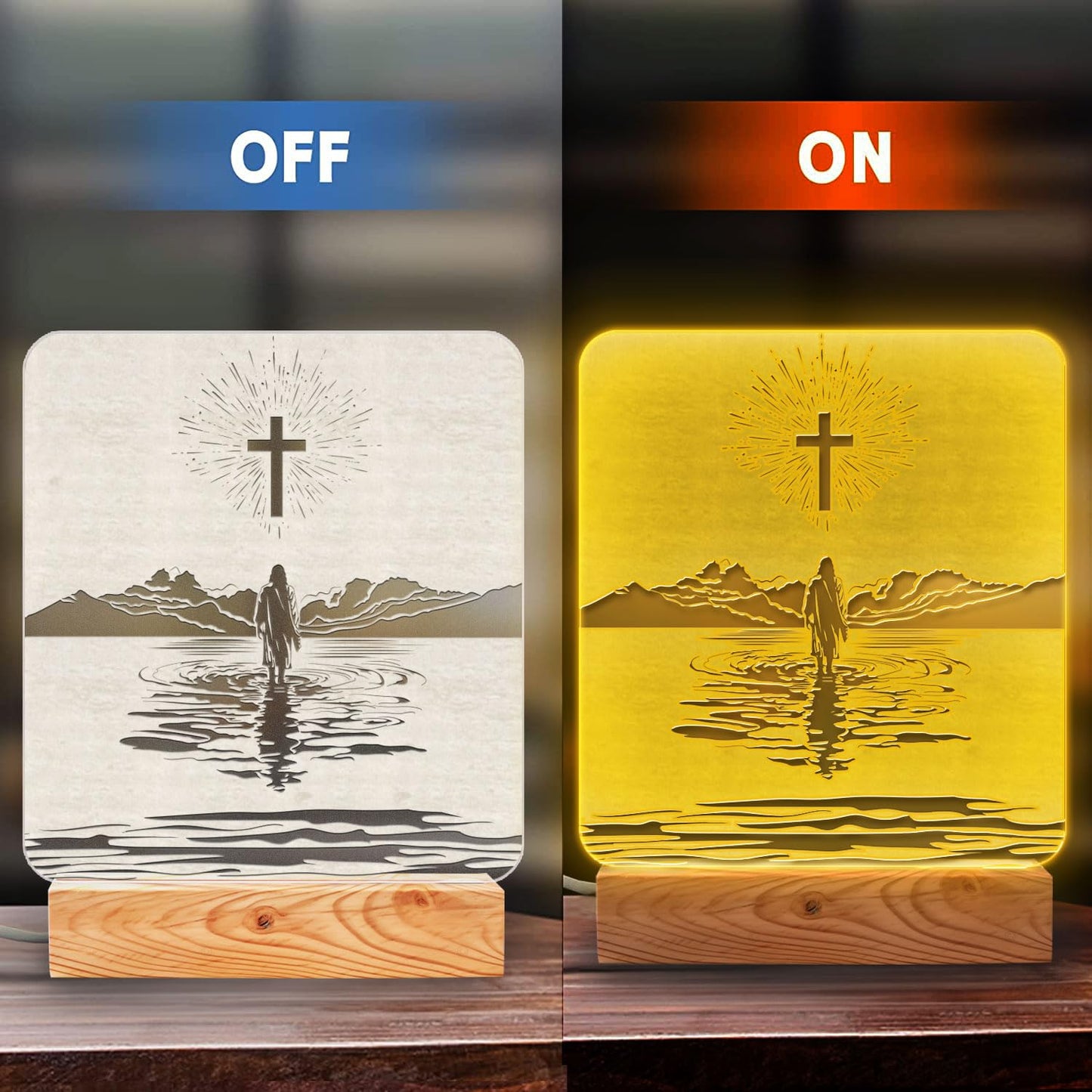 Christian Mom Gift – LED Night Light with Jesus and Cross Design – Mother's Day for Christian Mom – USB Powered Lamp – Wooden Base – Inspirational Christian Home Decor and Encouragement Gift