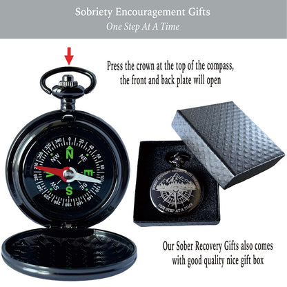 Sobriety Gifts Men, One Step at A Time Gifts Pocket Compass Black, Sobriety Pocket Token, Alcoholics Anonymous Gift, Inspirational Recovery Gift for Men from Addiction, Sober Gifts for Him Husband