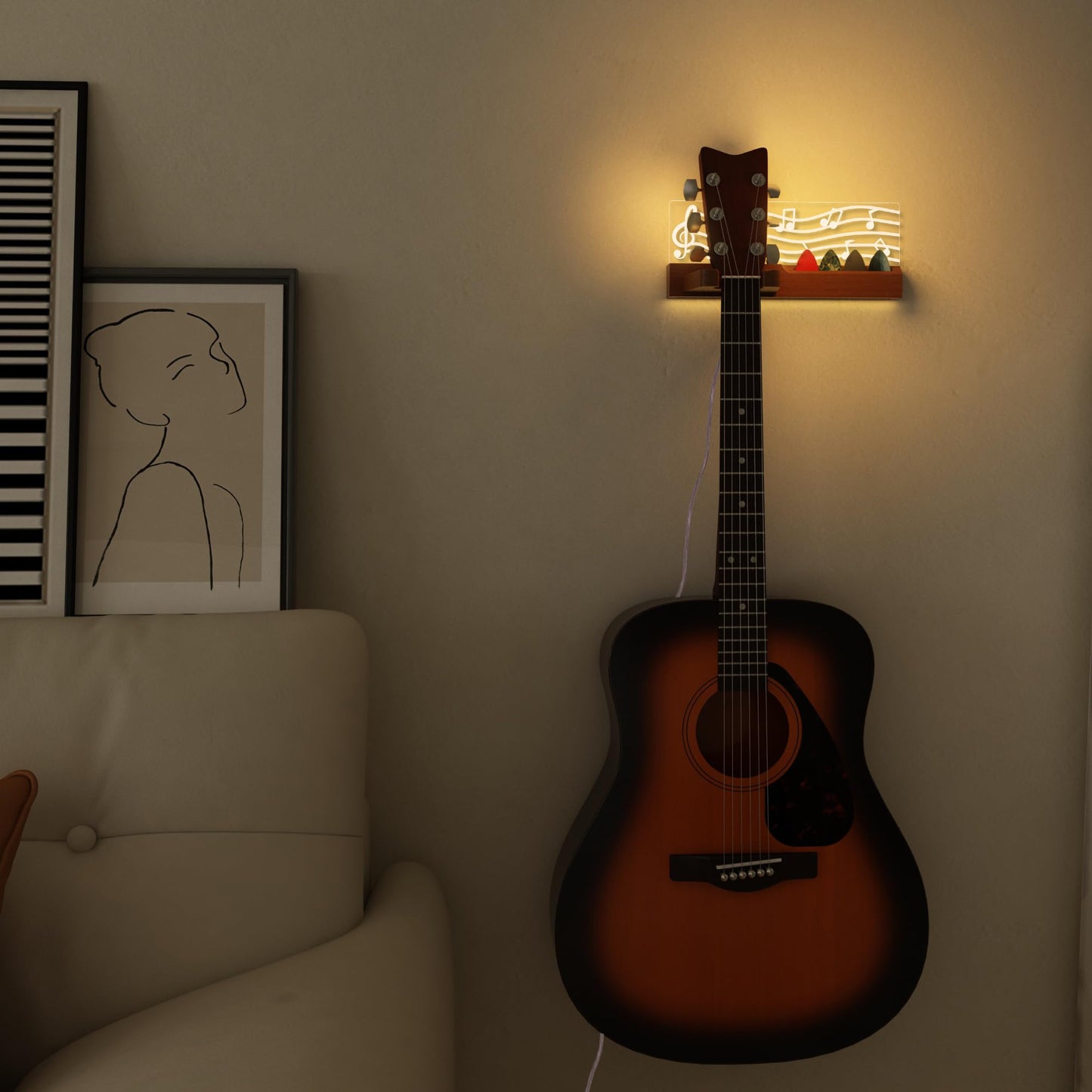 CoolGift Mart Guitar Wall Mount Stand with LED Lights - Solid Wood & Acrylic USB-Powered Guitar Accessories - Gift for Men, Guitar Players, Music Lovers (for Acoustic, Electric Bass, Ukulele)