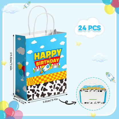 CHENRINDECO Cartoon Story Gift Bags 24PCS Cow Pattern Birthday Party Favor Bags Blue Sky White Cloud Paper Bags with Handle for Cartoon Story Themed Birthday Party Supplies