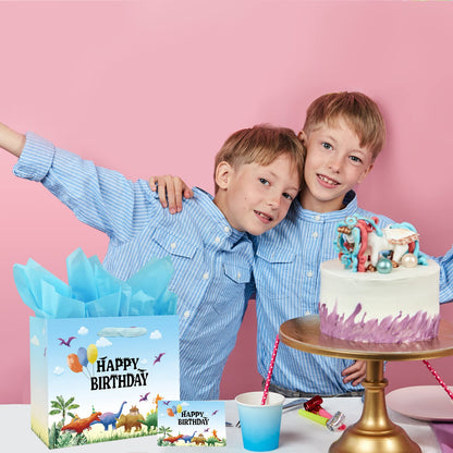 13" Large Watercolor Dinosaur Birthday Gift Bag for Boy Kids with Card and Tissue Papers (13" Blue)