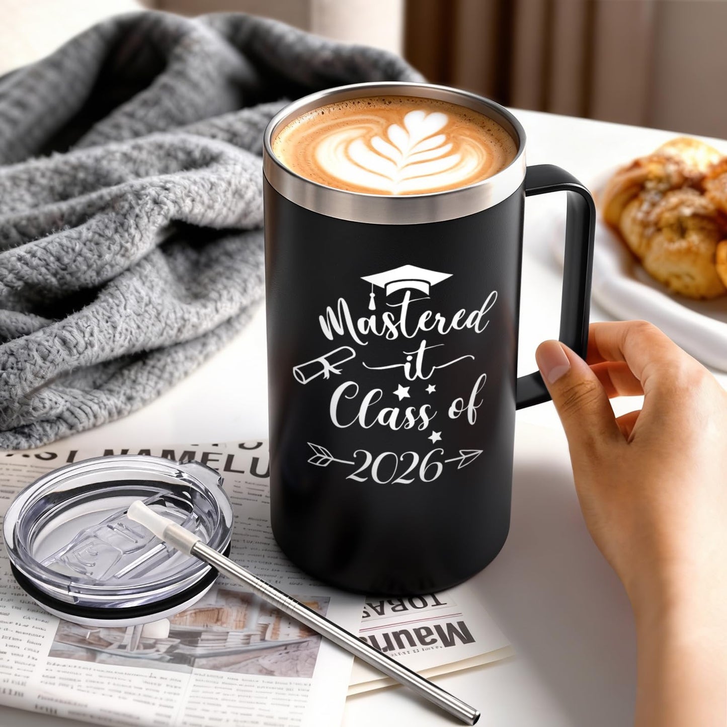Lifecapido Masters Degree Graduation Gifts, Mastered It Class of 2026 20oz Insulated Coffee Mug with Keychain and Graduation Card, 2026 Graduation Gifts for Graduates, Black