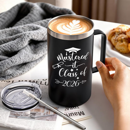 Lifecapido Masters Degree Graduation Gifts, Mastered It Class of 2026 20oz Insulated Coffee Mug with Keychain and Graduation Card, 2026 Graduation Gifts for Graduates, Black
