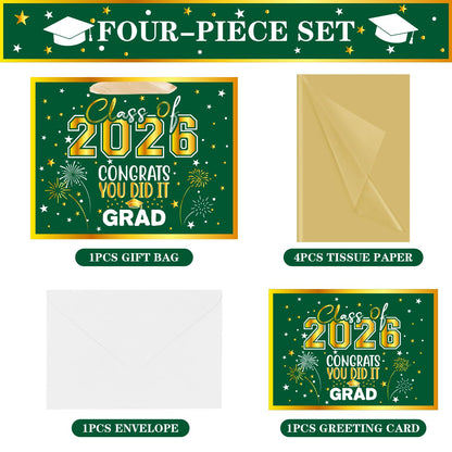Jaywayang 12.6" Large Green and Gold Graduation Gift Bag, 2026 Congrats Grad Desgin Gift Bag with Tissue Paper and Card for High School, College Graduation Season Theme Party.