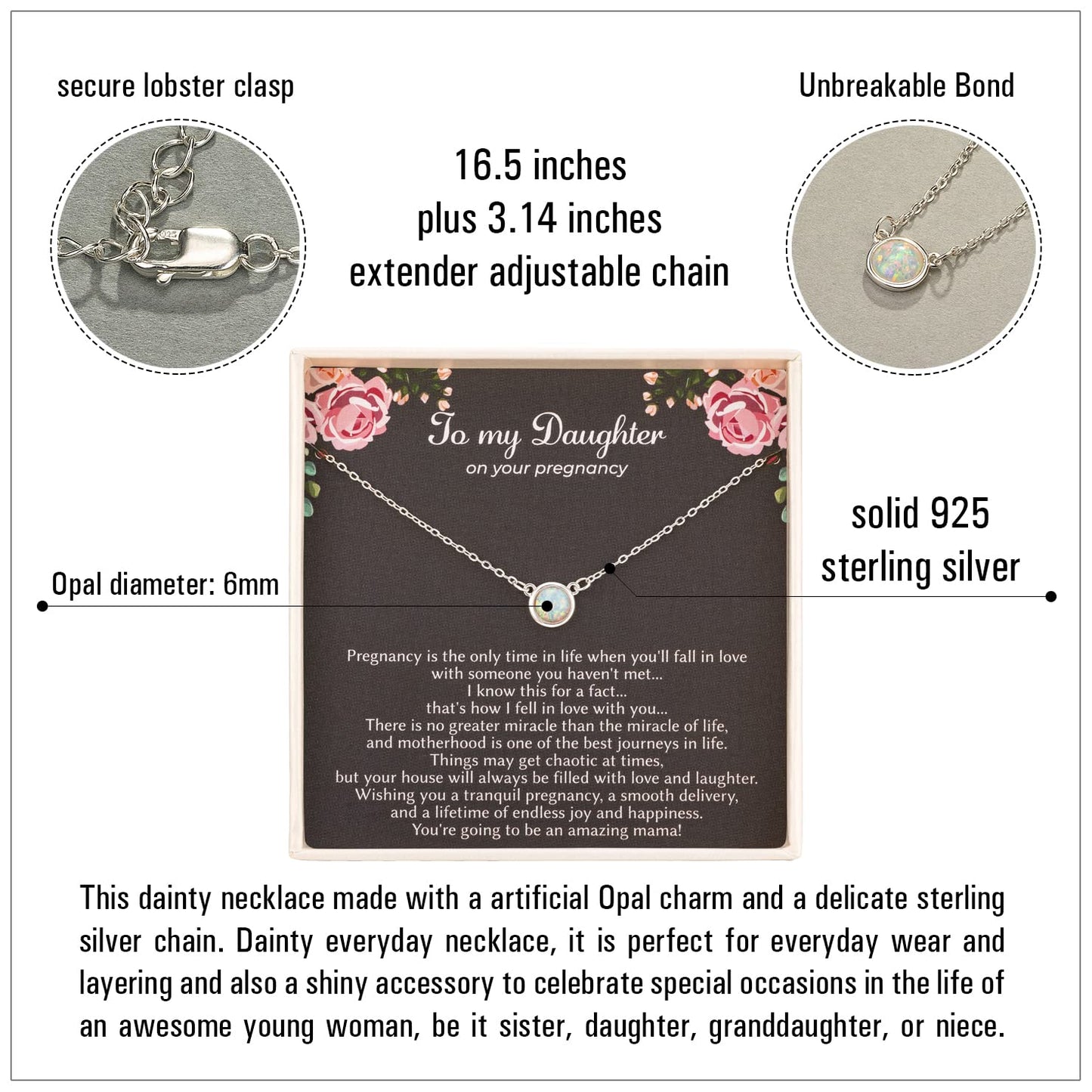 RareLove First Time Mom Gift,Daughter Pregnancy Gifts 925 Sterling Silver White Opal Necklace For Mom to be,Expecting Moms