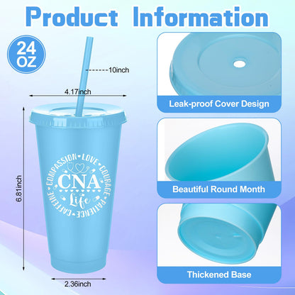Meanplan 24 Pcs Cna Week Gifts Bulk Certified Nursing Assistants Gifts Cna Cups with Lids and Straws 24 oz Plastic Tumbler Nurse Appreciation Travel Mugs for Graduation Retirement Party Favors