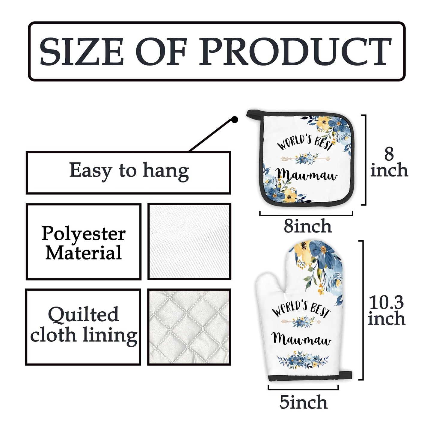 Mawmaw Gifts Oven Mitts and Pot Holders Sets, Gifts for Mawmaw from Grandkids Kitchen Decor Accessories Sets, World’s Best Mawmaw Heat Resistant Oven Glove Potholders for Kitchen Cooking