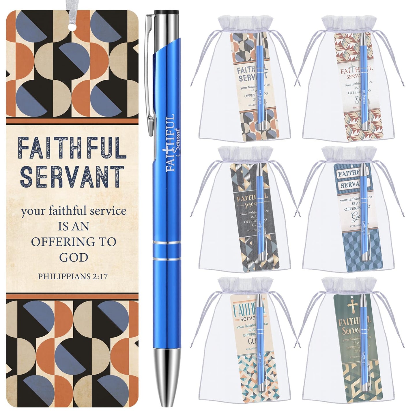 Dispowreath 24 Pcs/12 Sets Faithful Servant Gifts Pen with Bookmark 12 Faithful Servant Pen, 12 Philippians 2: 17 Bookmarks Appreciation Gift for Pastors Church Leaders Volunteers Prizes Party Favors