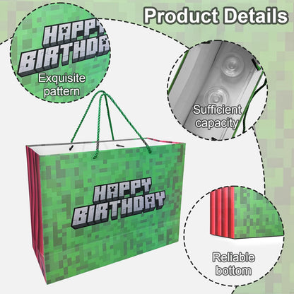 Dvngrt Birthday Goodie Bags,Pixel Party Favor Bags with Tissue Paper Greeting Card Envelope for Birthday Party