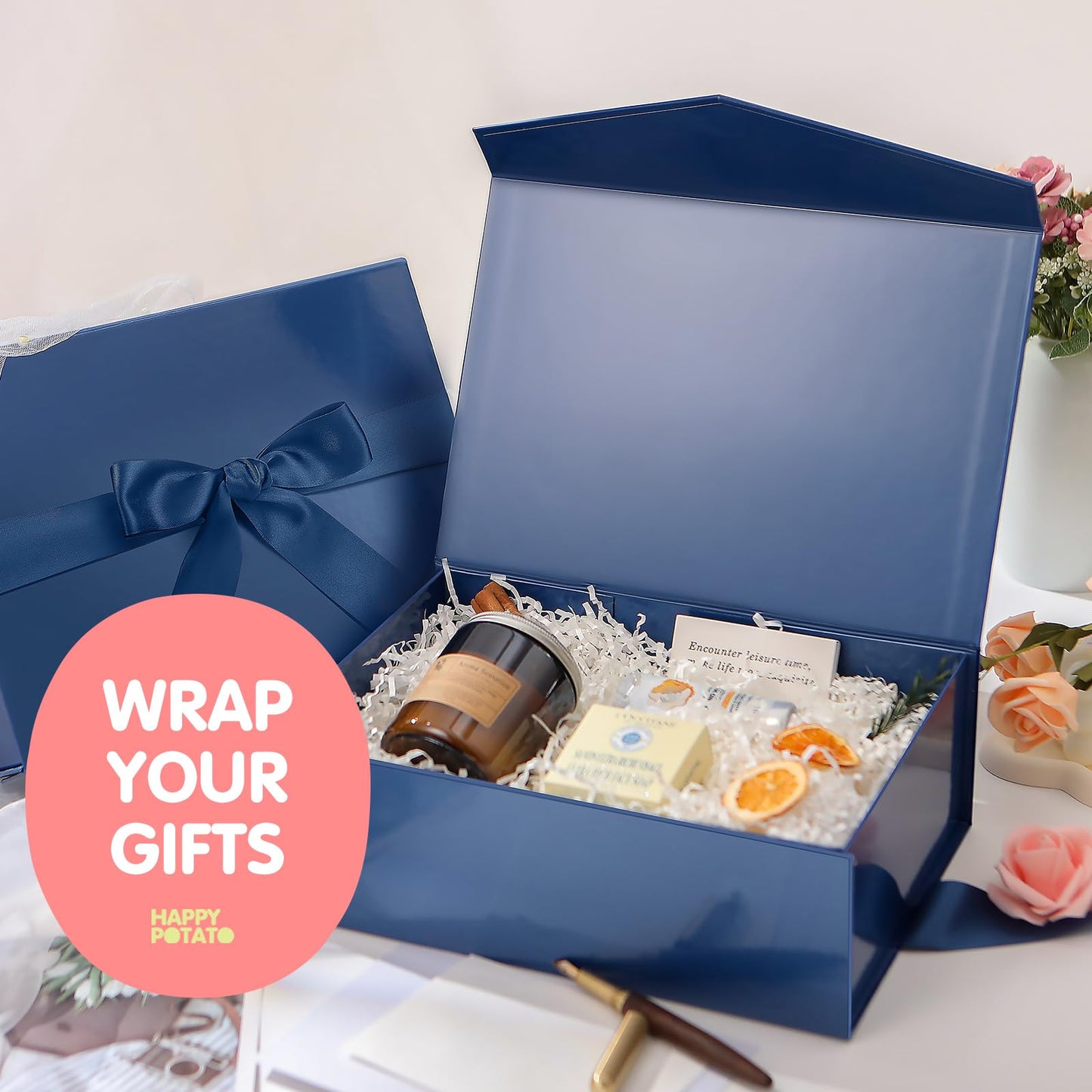 HAPPY POTATO Large Easter Gift Box withLid and Ribbon 11.5x8.1x3.8 Inches, Groomsman Proposal Box, Magnetic Blue Gift Box for Presents (Glossy Blue)