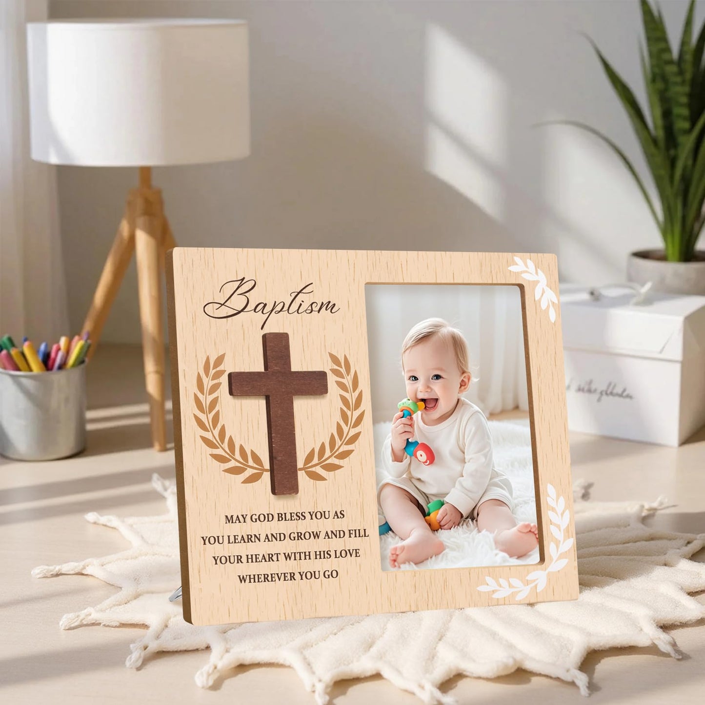 Baptism Picture Frame Gifts,Baptism Gifts for Boys Girls, Christening Baby Gift from Godparents Friends Family,3D Cross Wood Picture Frame(4x6-Vertical)