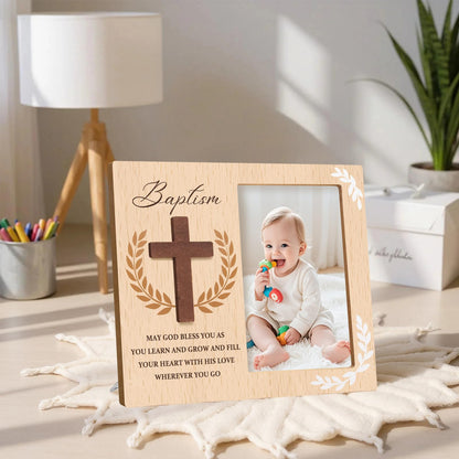 Baptism Picture Frame Gifts,Baptism Gifts for Boys Girls, Christening Baby Gift from Godparents Friends Family,3D Cross Wood Picture Frame(4x6-Vertical)