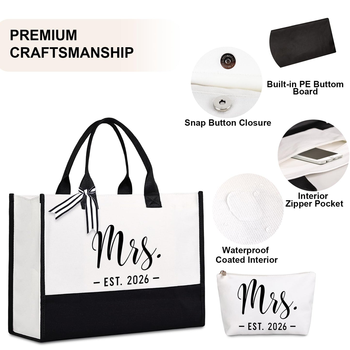 Lamyba Bride Tote Bag,Bridal Shower/Bachelorette Party/Wedding Day Gifts for Bride To Be,Mrs Bag EST 2026,Interior Pocket,Black and White