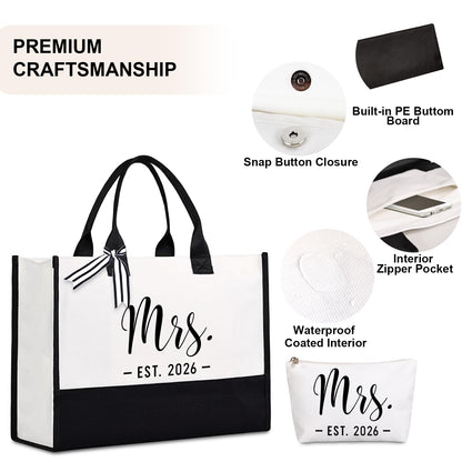 Lamyba Bride Tote Bag,Bridal Shower/Bachelorette Party/Wedding Day Gifts for Bride To Be,Mrs Bag EST 2026,Interior Pocket,Black and White