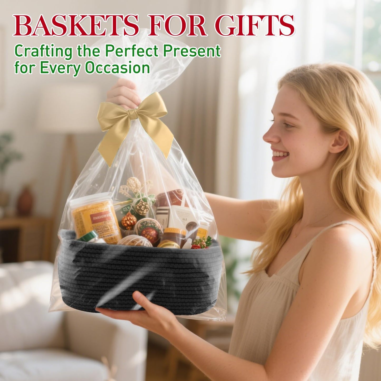 Woven Basket with Gift Bags and Ribbons, 14"X 10" X 6" Gift Storage Organizer Bin Shelf Shelves Cotton Rope Basket for Nursery, Pet Toys (Black)
