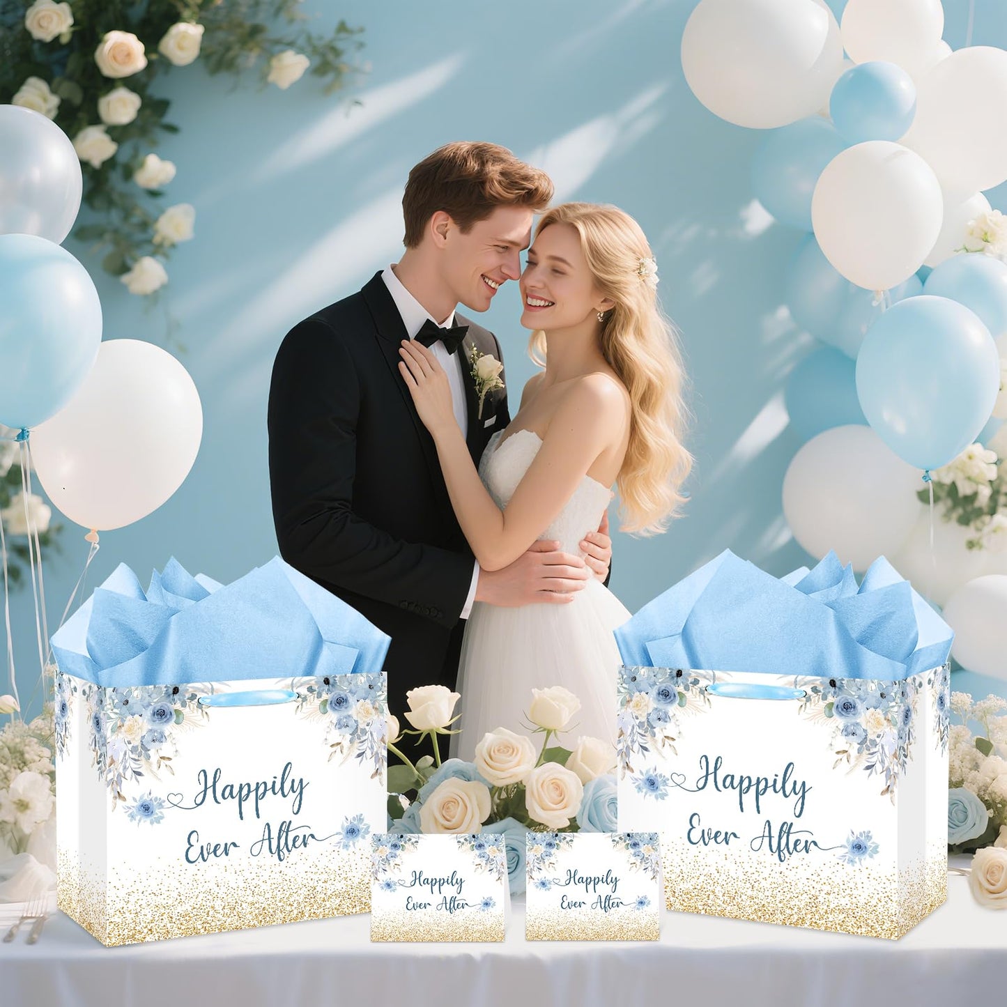 Wedding Gift Bag Bridal Shower Gift Bag with Tissue Paper and Card Engagement Bride to Be Paper Bags Happily Ever Life Wedding Wrapping Paper for Bride to Be Engage Bachelorette Party Supplies Decor