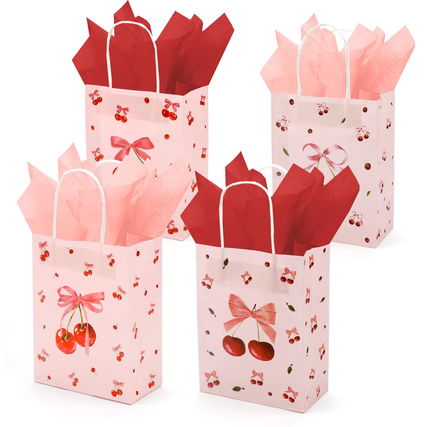 12pcs Cherry Gift Bag, Pink Bow Medium Gift Bags with Tissue Paper, Cherry Party Decorations for Birthday Bridal Shower Baby Shower Wedding Party Favor Bags (8.27 x 6.3 x 3.15 inch)